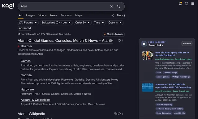 Karakeep bookmarks beside Kagi search results