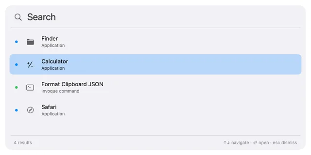 Invoque launcher panel with sample application and command results