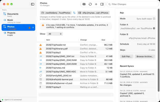 Foldover previewing synthetic folder changes and conflicts beside its pair list and inspector