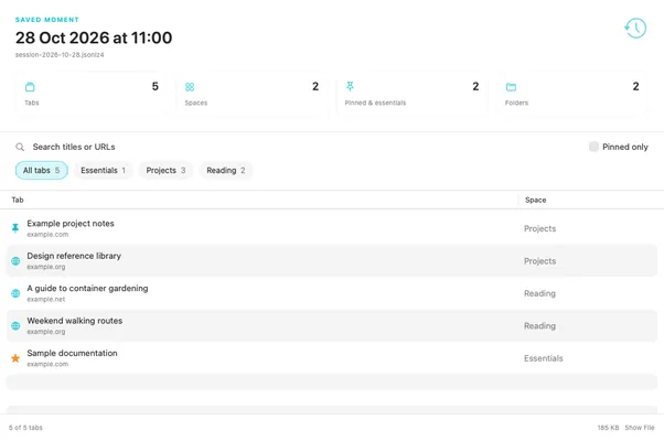 Zen Backup Manager displaying five invented example-domain tabs in a sample backup