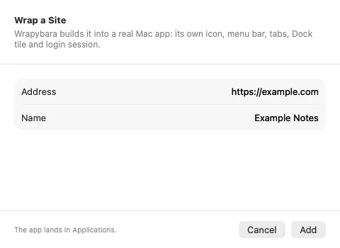 Wrapybara website-to-app creation window