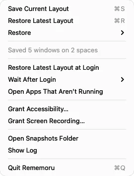 Rememoru menu with layout save and restore commands and a sample saved-layout status