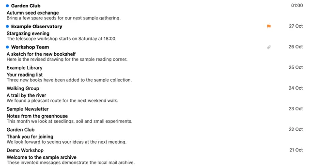 Sweetbriar native archive message list with eight invented messages
