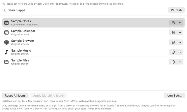 Pict icon browser with five invented sample applications