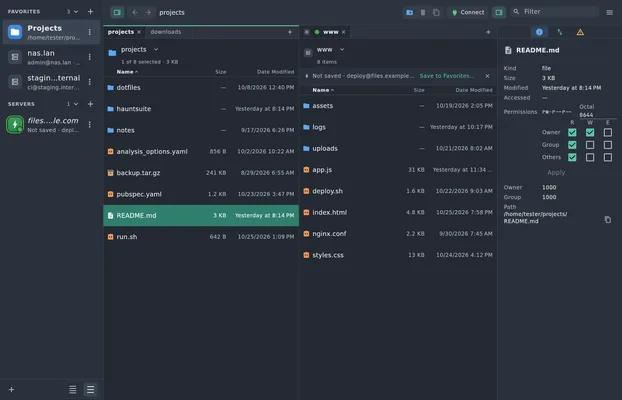 Poltergeist with a local folder and an SFTP server side by side and a file inspector
