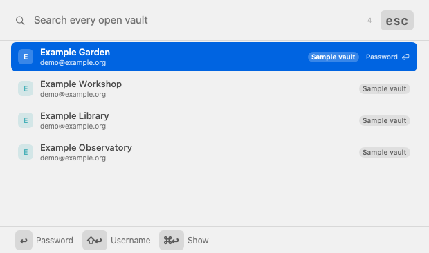 VaultSquire Quick Search with four invented example logins in a sample vault