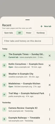 Combray's Recent sheet with a filter field and open tabs and recently visited pages grouped by day