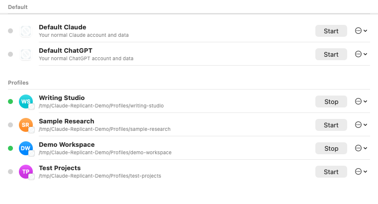 Claude Replicant listing synthetic Claude and ChatGPT profiles with independent running states