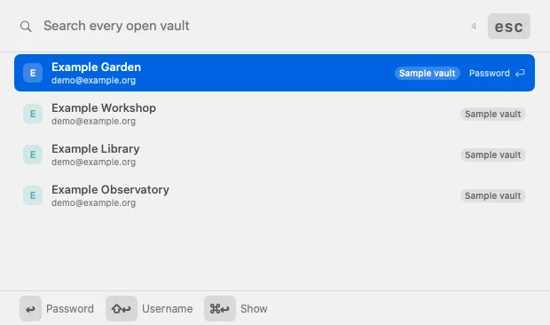 VaultSquire Quick Search with four invented example logins in a sample vault