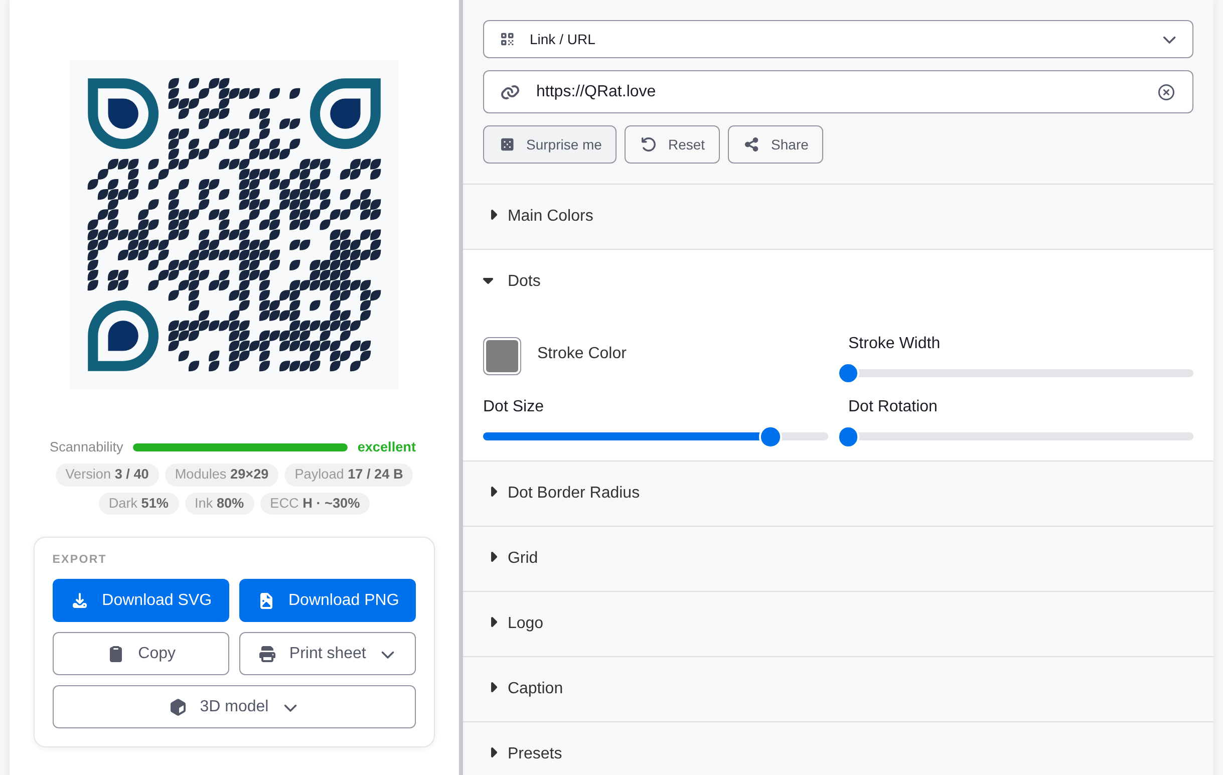 QRat designing a styled QR code with a scannability rating and export buttons