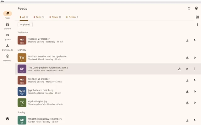 Neutrodyne on Linux with Tech, News and Fiction group tabs above a day-grouped list of podcast episodes