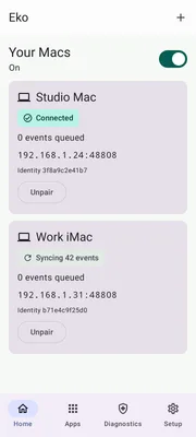 Eko's Android companion with two paired Macs, one connected and one syncing
