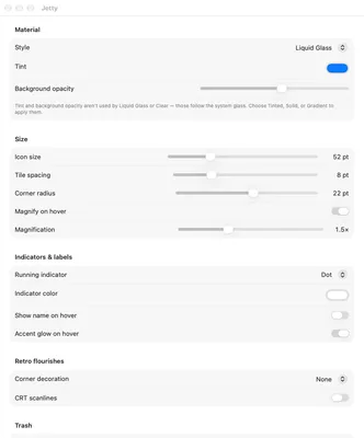 Jetty appearance settings with factory-default material, sizing and indicator controls