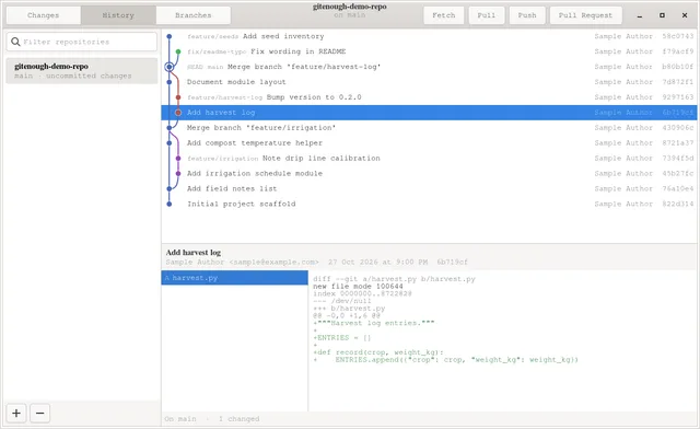GitEnough's Linux port with a branch graph and the selected commit's diff