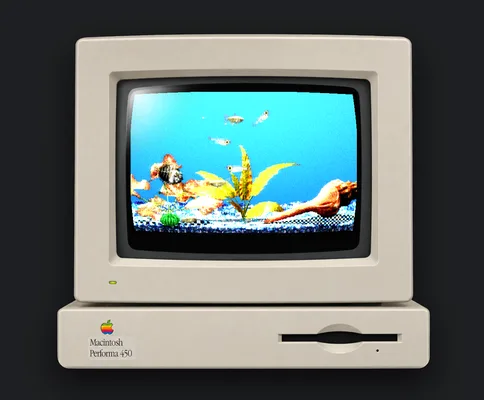 Finsical aquarium displayed inside a classic Macintosh