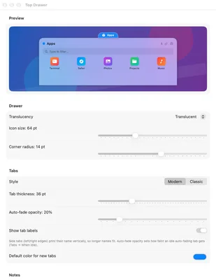 TopDrawer appearance settings showing its built-in synthetic Apps drawer preview