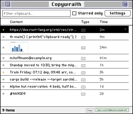 Copywraith clipboard history with a filter field and text, link and image entries