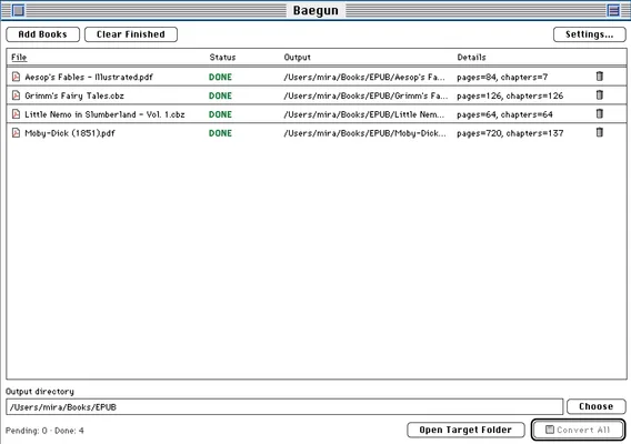 Baegun queue of finished PDF and CBZ conversions to EPUB