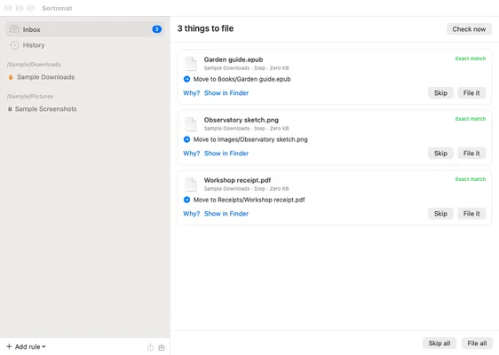 Sortomat inbox with three invented files and suggested destination folders