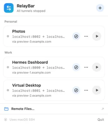 RelayBar menu listing three SSH tunnels in two groups