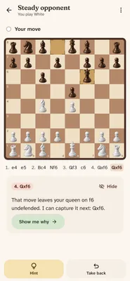Chess & Cocoa game in which the opponent warns that the move Qxf6 leaves White's queen undefended, with a Show me why button