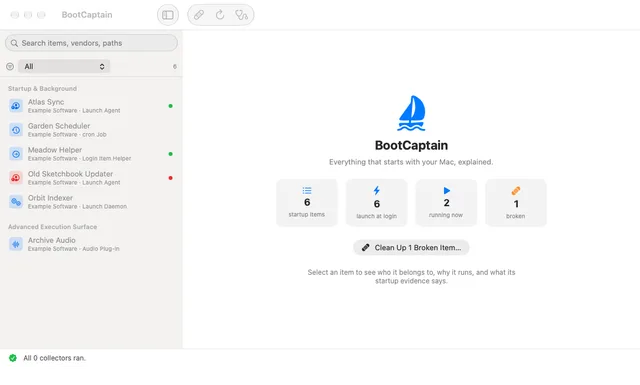 BootCaptain inventory and summary tiles with six synthetic startup items