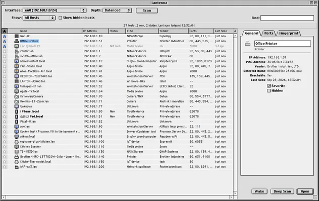 Lantenna listing local network devices with a selected printer's details