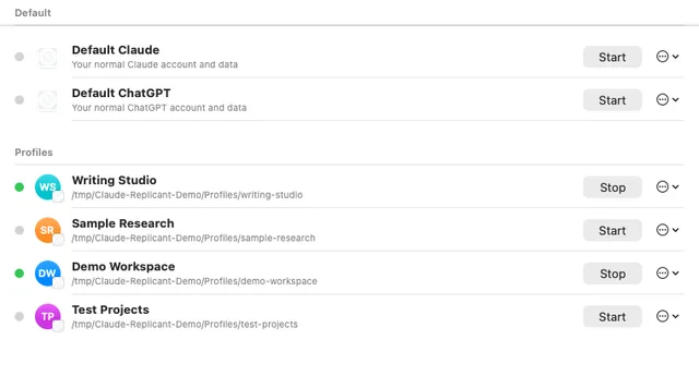 Claude Replicant listing synthetic Claude and ChatGPT profiles with independent running states