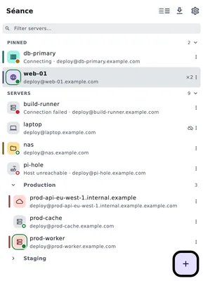 Séance server browser with invented example-domain hosts