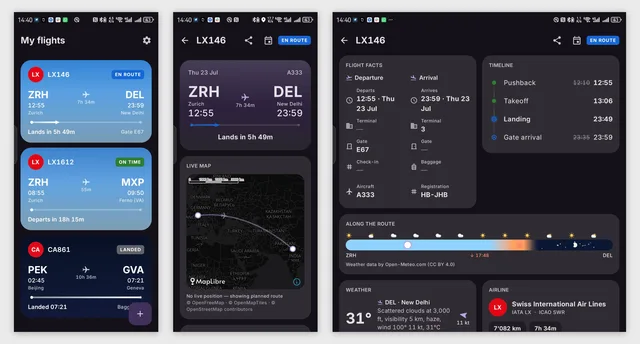 Blipbird flight board, route map and itinerary screens