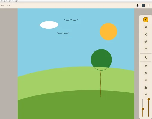 BangniDraw on Linux with a painted landscape of sky, sun, cloud, birds, green hills and a tree beside its tool rail